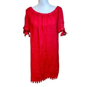 LUNGO L'ARNO‎ Red Linen Dress Sz M Off Shoulder Bows Lace Italy Summer Peasant